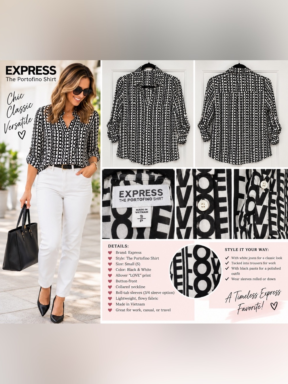 Express Portofino Shirt Small Black White LOVE Print Button Down Blouse